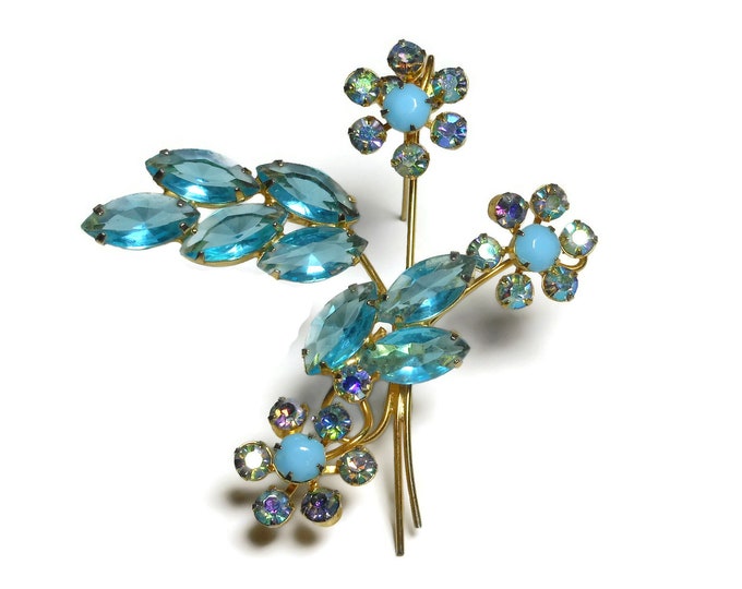 FREE SHIPPING Floral crystal brooch, Aurora Borealis rhinestone pin, bouquet spray, blue glass light blue navette leaves, cabochon AB petals