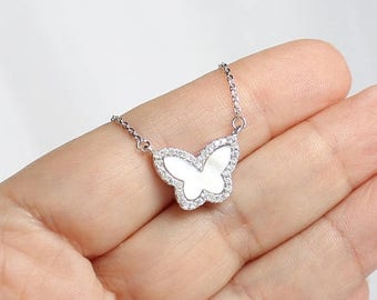 SALE 15% OFF Butterfly Necklace, Sterling Silver Butterfly Necklace, Mother of Pearl CZ Butterfly Necklace, Small Butterfly, Charm Necklace,