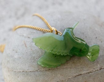 FLASH SALE Jade Hummingbird Necklace - Nephrite Jade - Gold -Sterling Silver