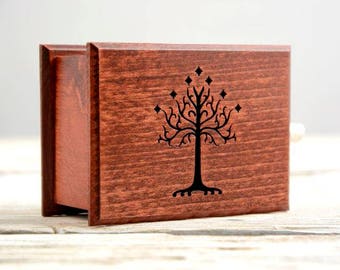 Lord of the Rings soundtrack cover and design inspired handmade wooden music box - In Dream - White Tree of Gondor - Tolkien