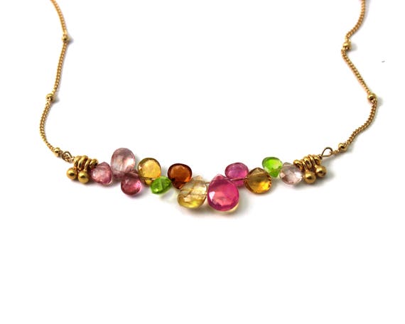 Multi Gemstone Bar Necklace. Pink Spinel Citrine Peridot
