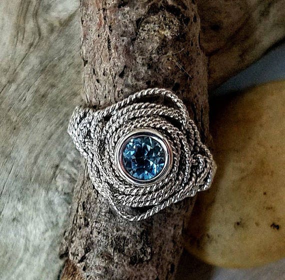 Blue Topaz Gemstone Argentium Silver Twist Wire Ring Size 7.25
