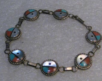 Vintage Sterling Zuni Sun Bracelet, Turquoise/Coral/Onyx, MOP, 6.75", 8.07 gr.