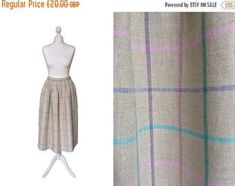On Sale Vintage Linen Skirt - Dirndl Skirt - 80's Vintage Skirt - Check Ecru Midi Skirt