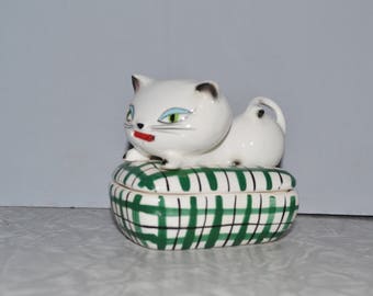Holt Howard Cozy Kitten Sewing Box with Tape Measure Tongue ~ Mid Century ~ Kitsch