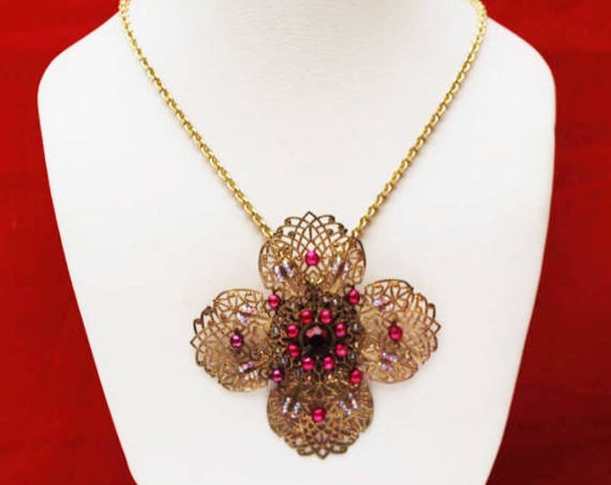 Large flower Pendant Necklace - Gold Filigree - Maroon rhinestone - Purple pearl bead - Floral Statement Necklace