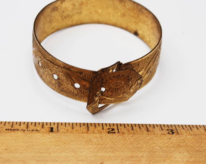 Gold Gilt Belt Buckle Bracelet - Victorian Revival - flower repousse - bangle Bracelet -