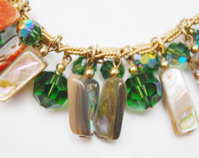 Napier crystal abalone Charm Bracelet - green tourmaline Crystals Charm - Abalone Shell beads Cha cha bracelet - 1980 Book Piece