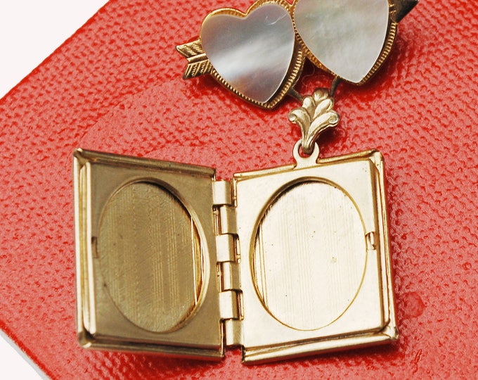 Book Locket Necklace - Mother of Pearl MOP - gold book locket - Boulder dam - Souvenir locket