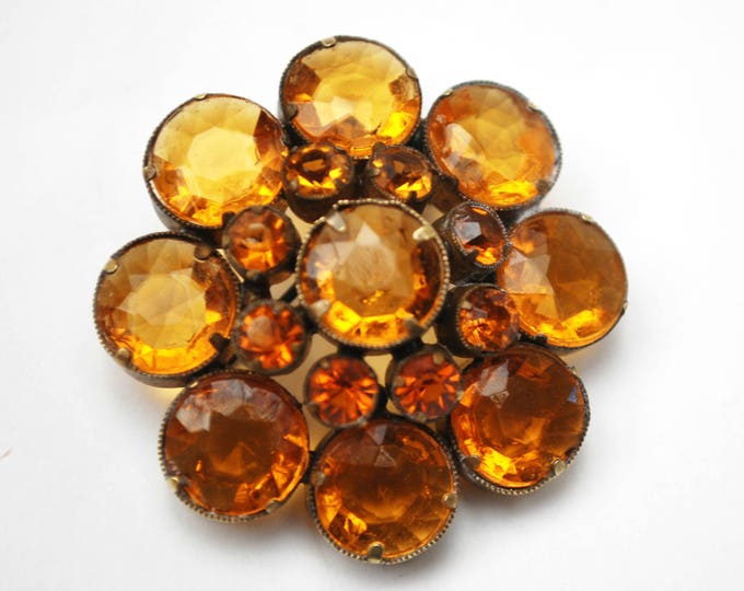 Amber Rhinestone Flower Brooch - Signed Czecho - Orange Crystal - open back gold plated - Citrine glass - pin