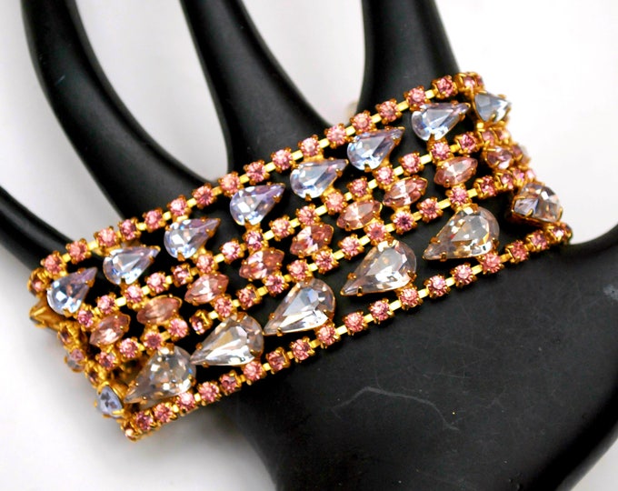 Alice Caviness Rhinestone Bracelet and Earrings - lavender and Pink Crystal - gold tone - Saftey chain -