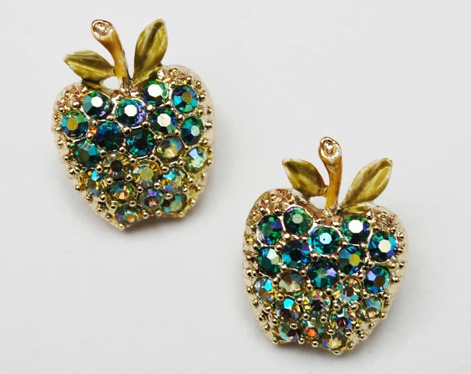 Apple scatter pins - Two Rhinestone Fruit brooches - Aurora Borealis - Gold small pin