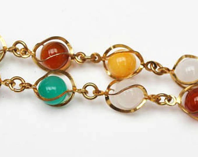 Gemstone Bead Necklace - Caged gold tone metal - polished quartz jasper carnelian and Agate beads