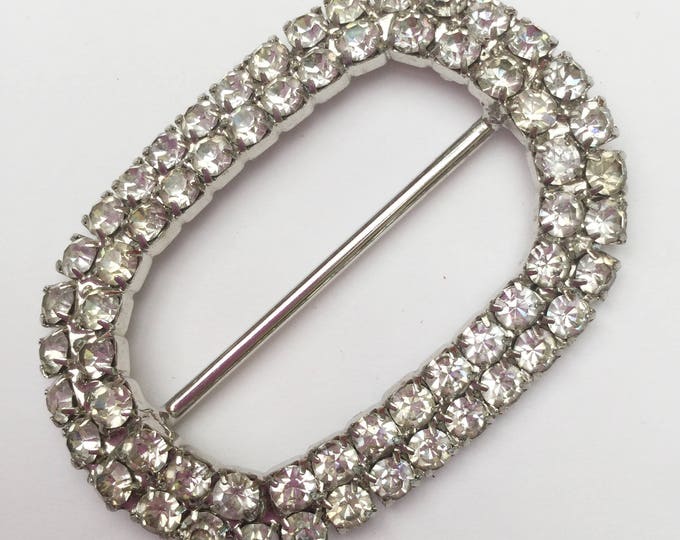 Rhinestone belt buckle - silver metal - scarf ring - Clear Crystal - oval