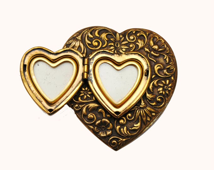 Heart Locket Brooch - Repousse Gold Brass metal - Art Nouveau - Floral Bow - pin