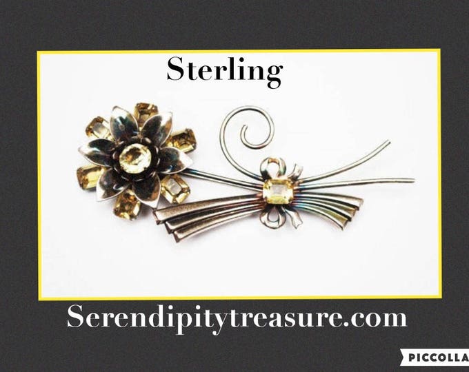 Sterling Flower Brooch - Yellow rhinestone - Art Deco - Silver Floral pin