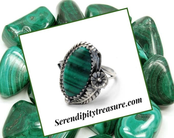 Sterling Malachite Ring - flower Leaf- Green Gemstone - Size 7 ring - southwestern - Silver Native Americanring