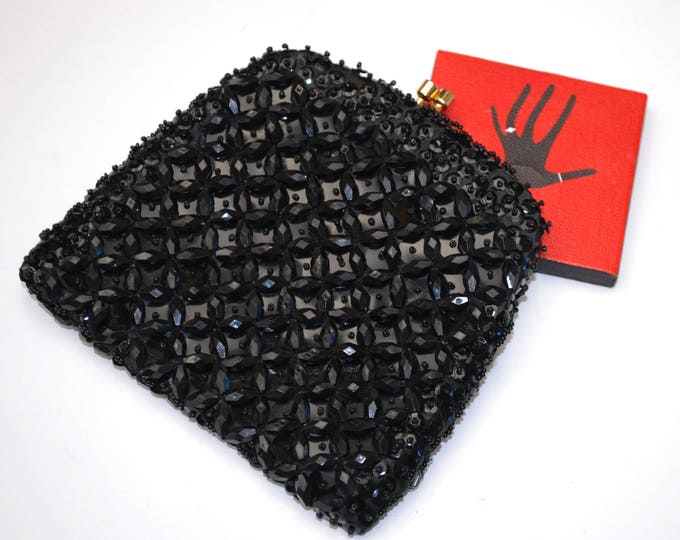 Black beaded evening bag - Signed Made in Hong Kong - vintage hand bag purse Clutch - gold chain strap