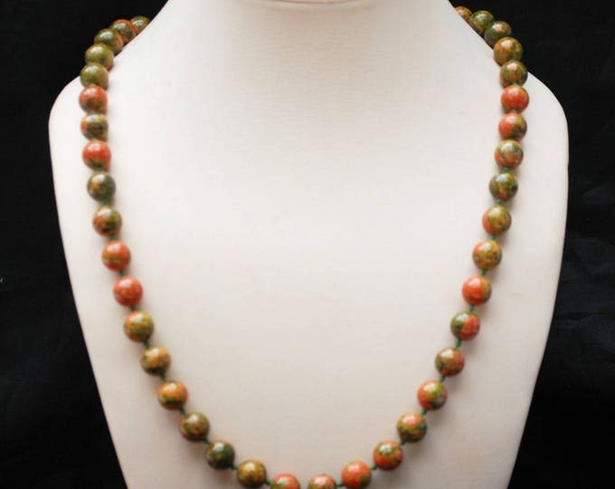 Polished Jasper bead Necklace - Red Green Gemstone - Natural stone - Gemstone Beads- green silk knots