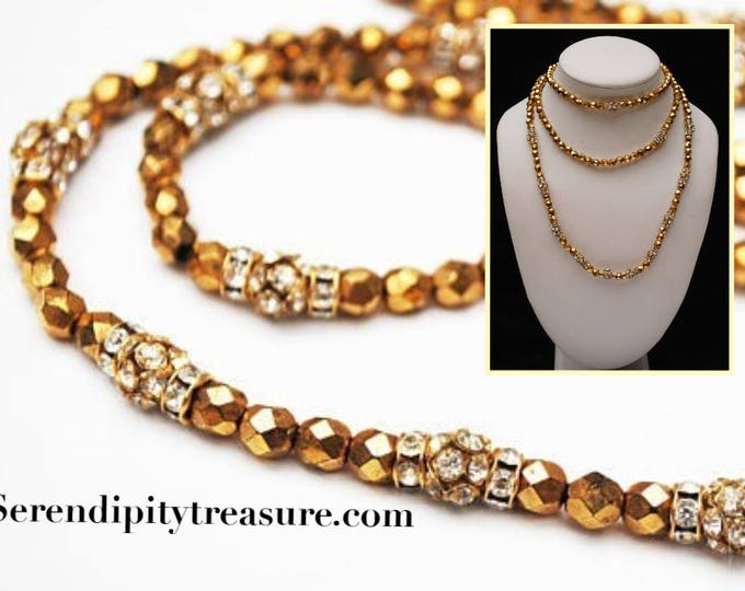 Gold glass and Rhinestone bead necklace - glamour golden silver bling - 46 inch long Flapper necklace