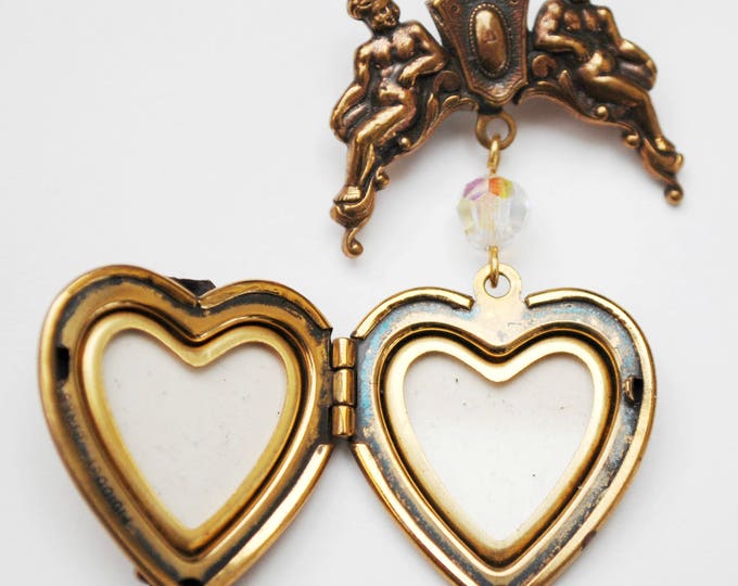 Gold Heart Locket Brooch - photo locket - Cupid - Cherub - Crystal Dangle pin