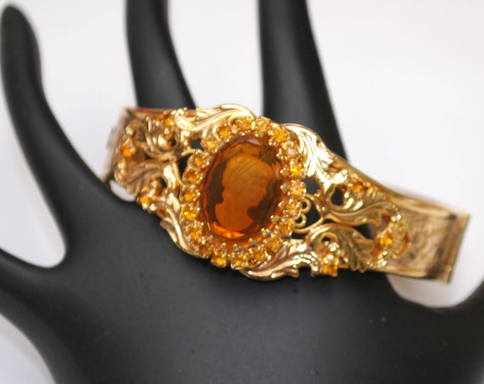 Intagio Cameo - Amber yellow orange glass - Reposse Gold Bangle - Victorian Revival - vintage gold plated Hinged bracelet - safety chain