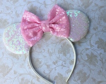 Minnie Mouse Ears, Minnie Mouse Birthday, Mickey Mouse Ears, Mouse Ears Headband, Iridescent Sequin Mouse Ears, Disney Vacation, Pink Bow