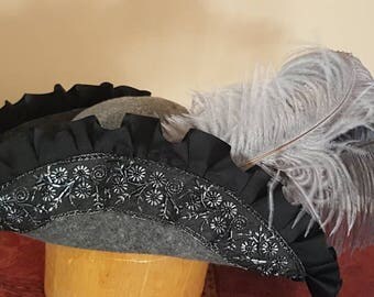 Gray Wool Bicorn with Black Pleated Ribbon and Black Embroidered and Beaded Lace Trim.
