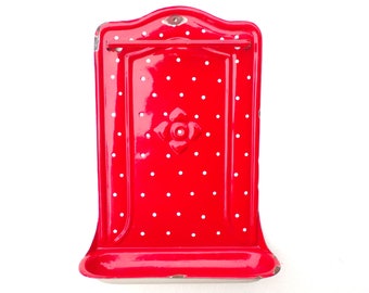 RESERVED To M. Polka dot French Enamelware UTENSIL RACK cherry Red white for utensils