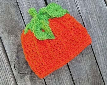 Crochet Orange Pumpkin Beanie with Leaves
