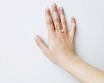 Gold bars ring, open gold plated ring with white pearl, sterling silver gold plated ring, minimalist, modern ring with parallel gold bars