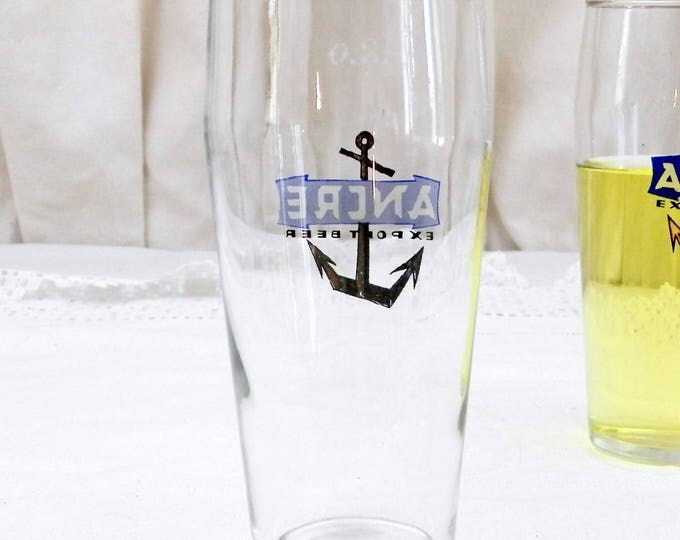 2 Vintage French Beer Glasses "Ancre Export Beer" From Alsace in Eastern France, Pair of 0.25 cl Glasses with Gold Rim and Anchor Motif