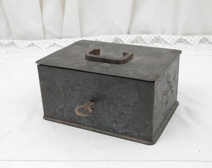 Antique Heavy Metal Cash Box / Coffer with Working Lock and Key, French Money Safe, Jewelry / Trinket Chest Casket Box