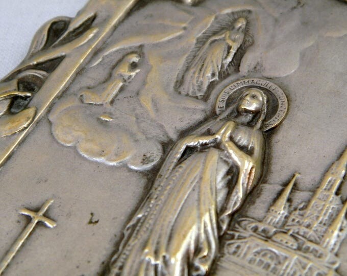 Antique Repousse Embossed Silver Plated Image of Virgin Mary with Lourdes Basilica Framed with Lillis, Our Lady Catholic Religious Picture Antique Repousse Embossed Silver Plated Image of Virgin Mary with Lourdes Basilica Framed with Lillis, Our Lady Catholic Religious Picture