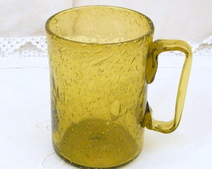 Vintage Large Bubble Glass Mug / Cup / Drinking Vessel, Artisan Handmade Blown Olive Green Beer Glass, Retro Home Decor 1960s, Man Cave