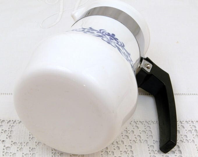 French Vintage Mid Century 1960s White Milk Glass Coffee Pot with Blue Pattern by Sovirel, Retro Kitchenalia from France, Pyrex , Acropal