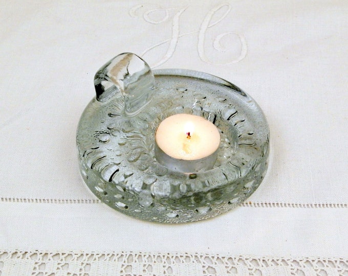 Vintage Solid Crystal Glass Mid Century Candle Holder, 1970s Chamberstick made of Thick Glass, Studio Glass Candle Stick for Night Light