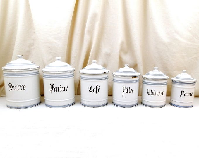 Antique French White Enamelware 6 Piece Canister Set Sugar Flour Coffee Gothic Graphics, Retro Kitchenware from France, Shabby Chateau Chic