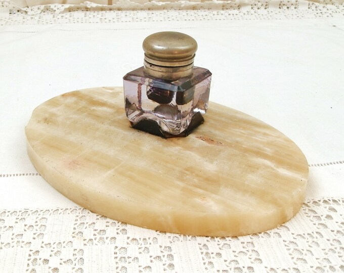 Antique French Art Deco Onyx Agate Desk Tidy With Crystal Glass and Pewter Ink Well, Pale Veined Stone Fountain Pen Rest from France