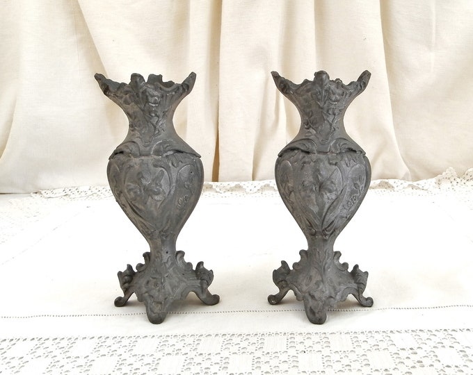 Pair Antique French Cast Metal Grey Ornate Vase, 2 Matching Decorated with Floral Pattern Vases from France, Boudoir Brocante Decor