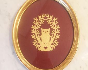 Framed Owl Decor, Owl Art, Owl Scherenschnitte, Gilt Oval Frame, Brown Gold Wall Decor, Gallery Wall, Folk Art