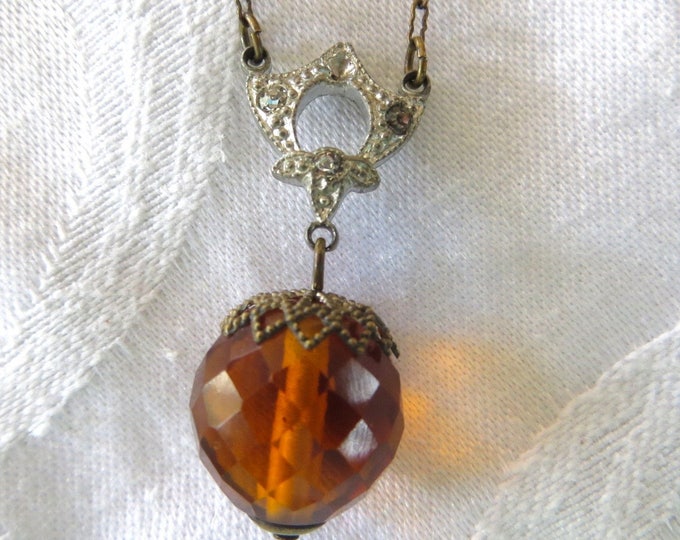 Art Deco Czech Necklace, Amber Faceted Glass beads, Double Layer, Vintage Czech Jewelry