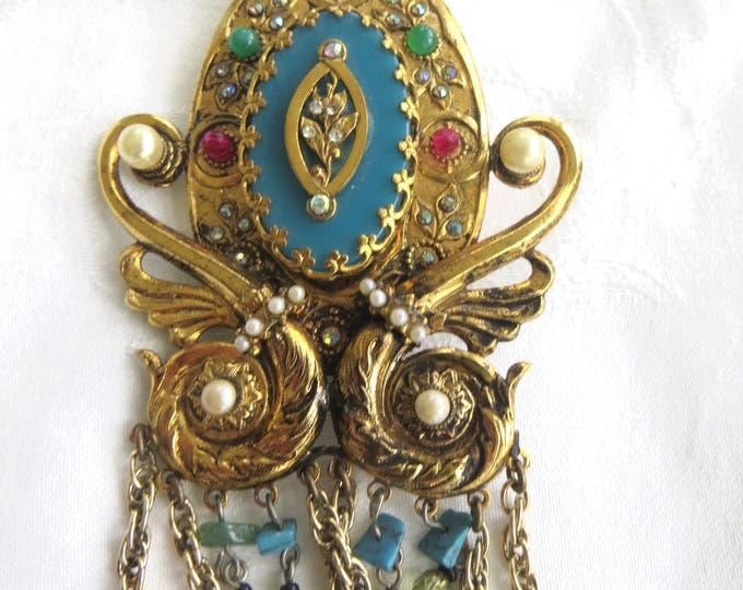 Vintage Heraldic Brooch, Jeweled Swag Chain Pin, Large and Dramatic 6" Brooch, Vintage Jewelry