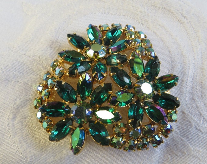 Vintage Rhinestone Brooch, Green Navette and Aurora Borealis Stones, 1960s Rhinestone Jewelry