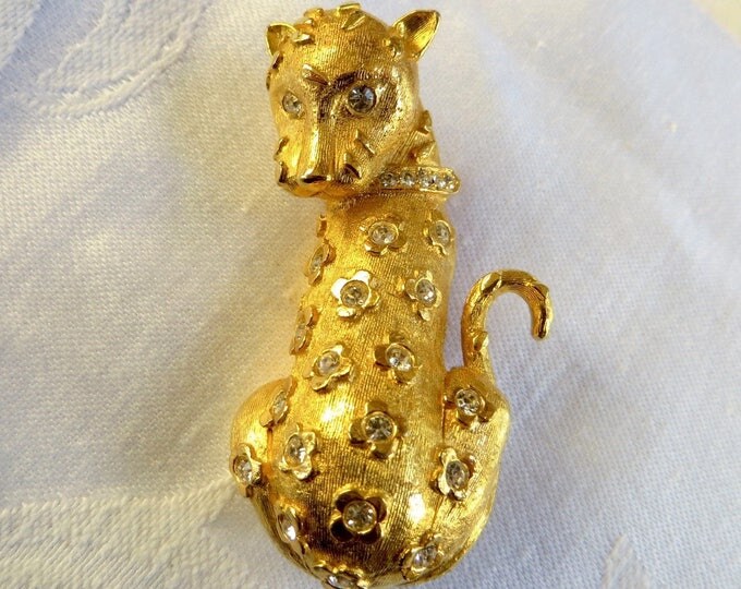 Rhinestone Leopard Brooch, Vintage Jungle Cat Jewelry, Leopard Print Jewelry