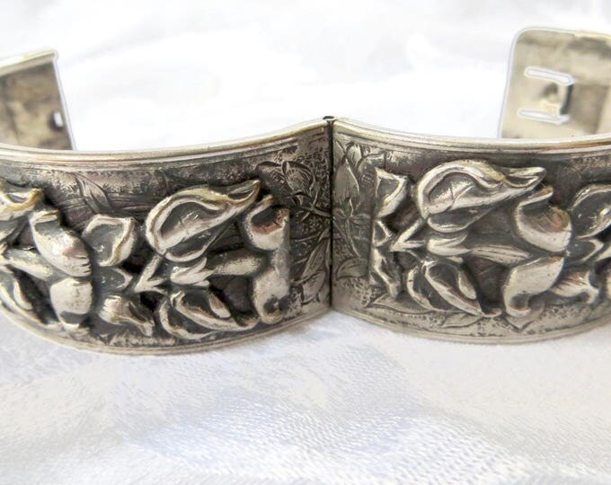 Art Nouveau Bangle Bracelet, Silver Raised Relief Floral Design, Pressed Metal Base, Hinged Bangle Bracelet, Art Nouveau Jewelry