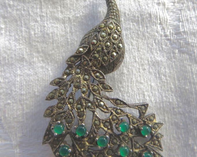 Vintage Sterling Peacock Brooch, Sterling Marcasite Peacock, Vintage Peacock Jewelry, Bird Pin, Bird Brooch