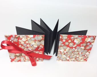Mini accordion photo album - square brag book - red Japanese flower pattern black pages