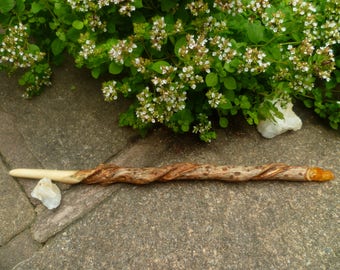 Elder wood wand with natural twist and set with Celtic Golden Quartz