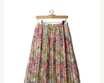 ON SALE Vintage Colorful Floral Printed Pleated Sheer Skirt from 1980's/W25-36*
